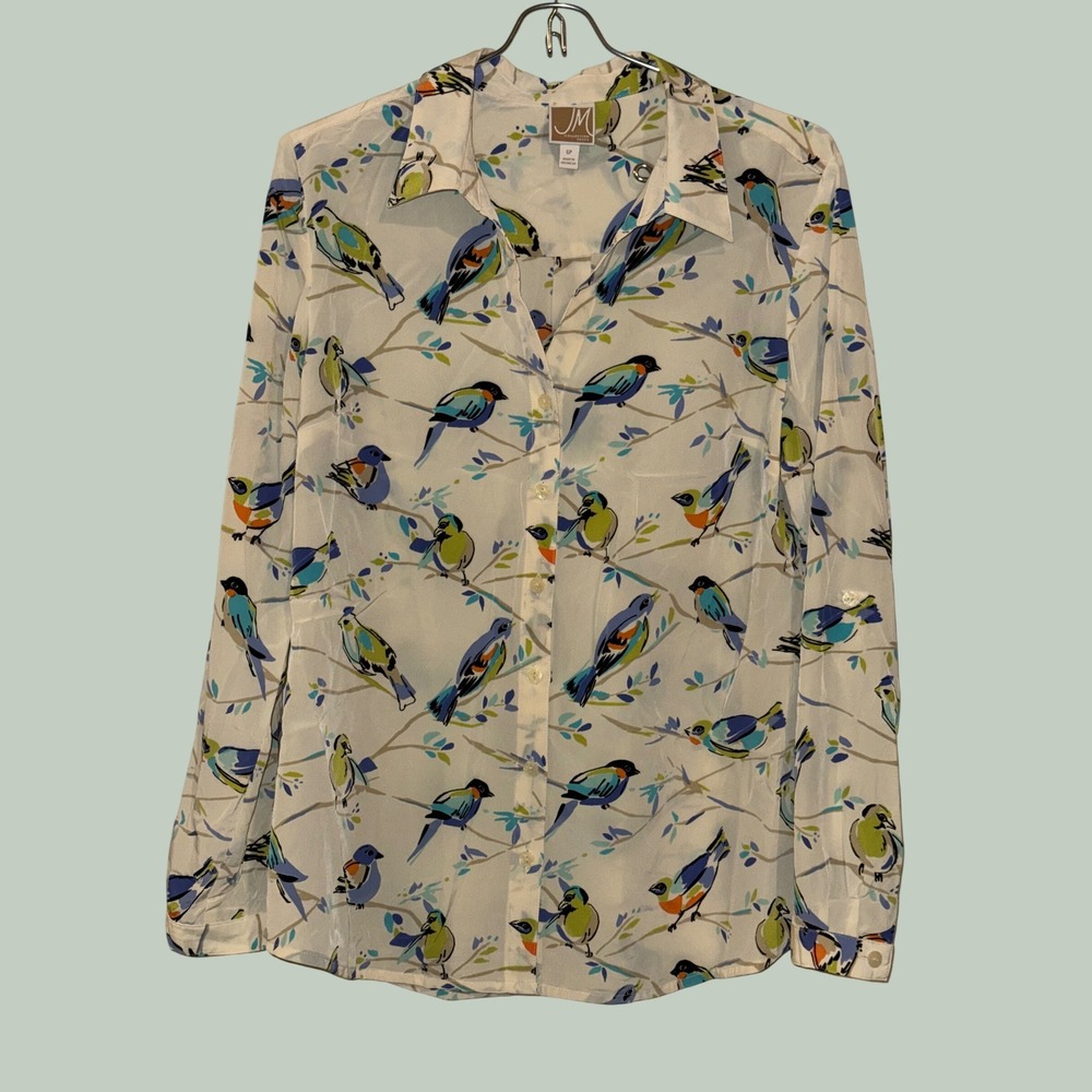 JM Collection Petite Bird Print Button Up Blouse White Blue Green 6P Long Sleeve